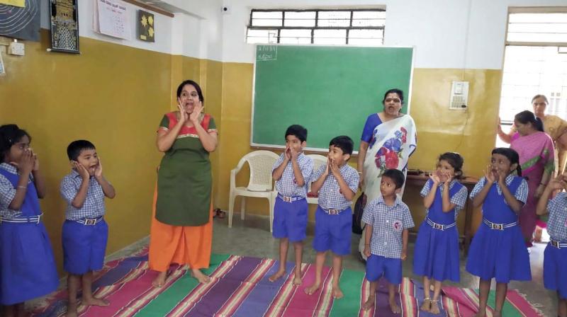A drama therapy session being held for schoolchildren by Chiranthana —DC A drama therapy session being held for schoolchildren by Chiranthana —DC