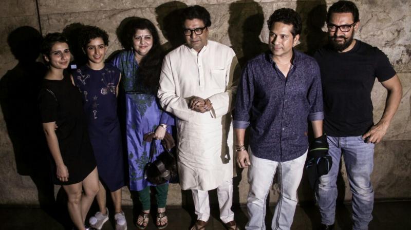 Aamir with Raj Thackeray, Sachin Tendulkar, his on-screen daughters, Sanya Malhotra and Fatima Sana Shaikh at the premiere of 'Dangal'. Aamir with Raj Thackeray, Sachin Tendulkar, his on-screen daughters, Sanya Malhotra and Fatima Sana Shaikh at the premiere of 'Dangal'.