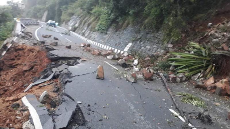 The boulders and trees which crashed on to the second road of Tirumala on Wednesday morning following a massive landslide. (Photo by arrangement)