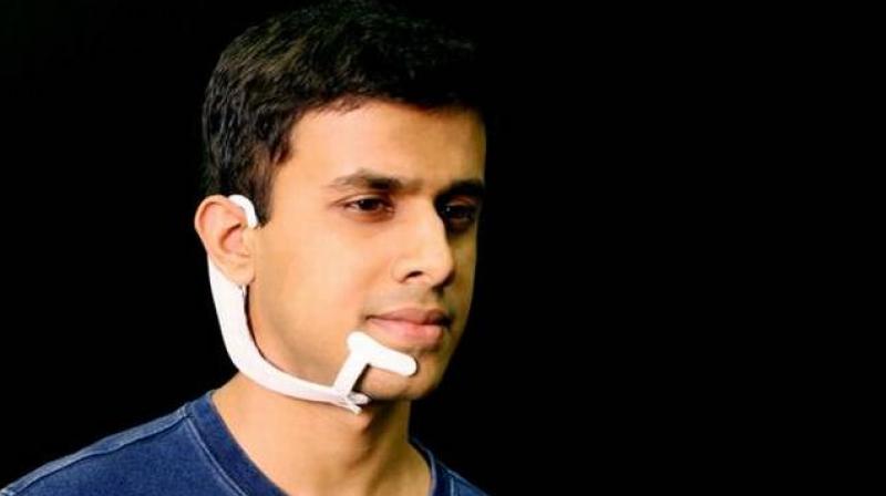 Electrodes in the device pick up neuromuscular signals in the jaw and face that are triggered by internal verbalisations -saying words 'in your head' - but are undetectable to the human eye. (Photo: MIT) Electrodes in the device pick up neuromuscular signals in the jaw and face that are triggered by internal verbalisations -saying words 'in your head' - but are undetectable to the human eye. (Photo: MIT)