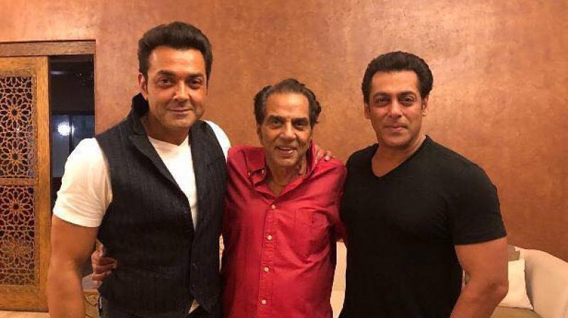 Bobby Deol, Dharmendra and Salman Khan. Bobby Deol, Dharmendra and Salman Khan.
