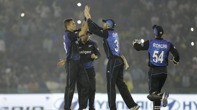 While Martin Guptill (second from right) shone with the bat, Tim Southee (far left) got the crucial wickets for New Zealand. (Photo: AP) While Martin Guptill (second from right) shone with the bat, Tim Southee (far left) got the crucial wickets for New Zealand. (Photo: AP)