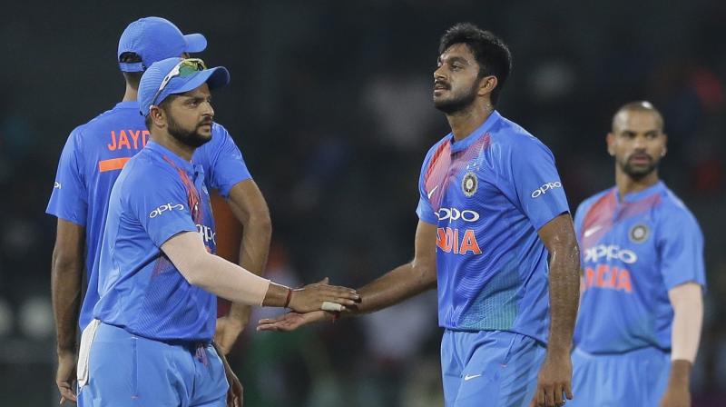 Vijay Shankar's maiden international wicket was delayed after Suresh Raina dropped a catch at mid off and Washington Sundar also missed an attempt in the bowler's first over. (Photo: AP) Vijay Shankar's maiden international wicket was delayed after Suresh Raina dropped a catch at mid off and Washington Sundar also missed an attempt in the bowler's first over. (Photo: AP)