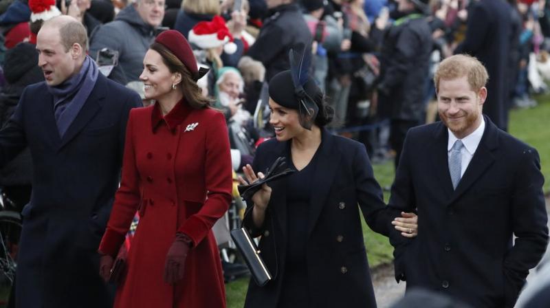 File photo from Dec.25 2019 shows Britains Prince William, left, Kate, Duchess of Cambridge, second left, Meghan Duchess of Sussex and Prince Harry, right, arrive to attend the Christmas day service at St Mary Magdalene Church in Sandringham in Norfolk, England. AP photo