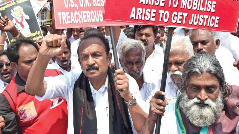 MDMK general secretary Vaiko protests at Nungambakkam, urging the Central government to oppose the proposed Human Rights Council of the UNHRC resolution to give more time to Sri Lanka to submit a report on war crimes (Photo: DC) MDMK general secretary Vaiko protests at Nungambakkam, urging the Central government to oppose the proposed Human Rights Council of the UNHRC resolution to give more time to Sri Lanka to submit a report on war crimes (Photo: DC)