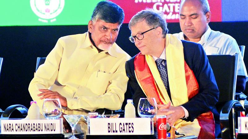 Chief Minister N. Chandrababu Naidu with the co-founder of Microsoft Bill Gates at the AP AgTech Summit 2017 valedictory programme at APIIC Grounds in Visakhapatnam on Friday. (Photo: K. Muralikrishna) Chief Minister N. Chandrababu Naidu with the co-founder of Microsoft Bill Gates at the AP AgTech Summit 2017 valedictory programme at APIIC Grounds in Visakhapatnam on Friday. (Photo: K. Muralikrishna)