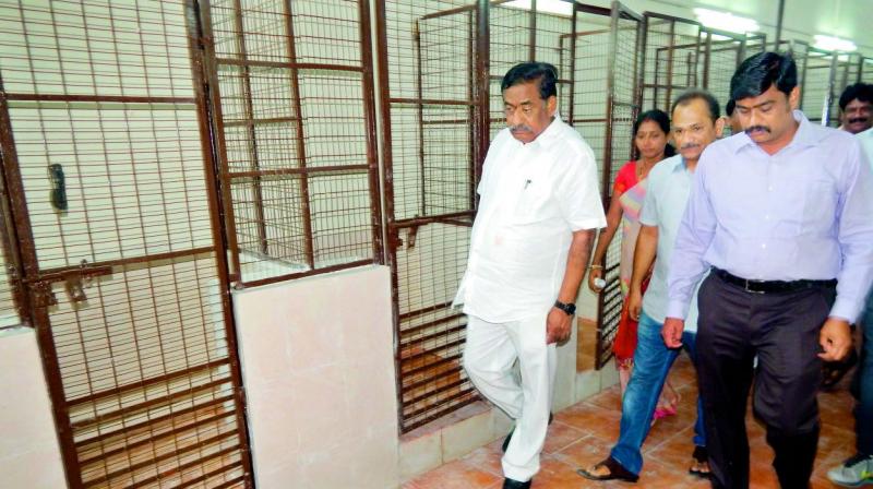 Municipal commissioner J. Nivas, Mayor Koneru Sridhar and others inspect kennel shed at Singhnagar in Vijayawada on Monday. (Photo: DC) Municipal commissioner J. Nivas, Mayor Koneru Sridhar and others inspect kennel shed at Singhnagar in Vijayawada on Monday. (Photo: DC)
