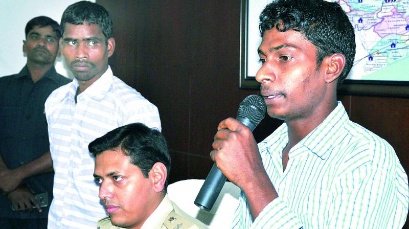 Surrendered Maoists produced in front of the media in Visakhapatnam on Monday. (Photo: DC) Surrendered Maoists produced in front of the media in Visakhapatnam on Monday. (Photo: DC)