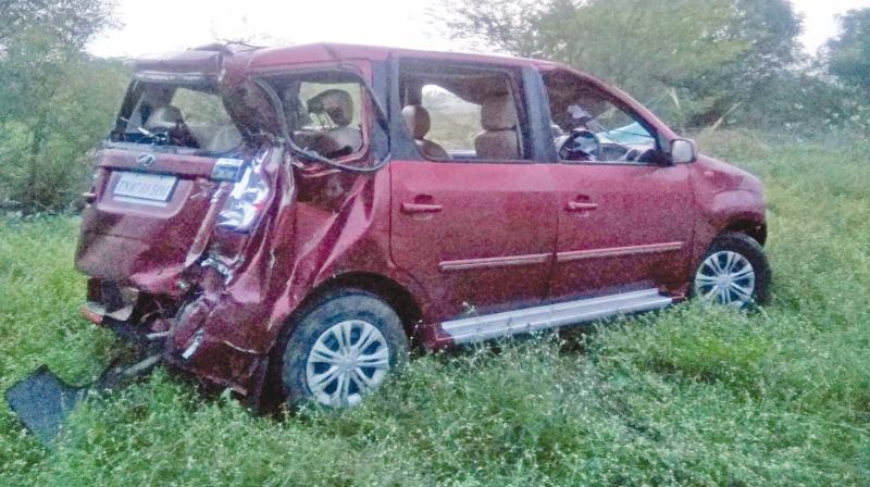 The car in which the 4 deceased were travelling is left damaged after it was rammed by a state transport corporation bus near Maduranthagam in Kancheepuram district in the wee hours of Monday. (Photo: DC) The car in which the 4 deceased were travelling is left damaged after it was rammed by a state transport corporation bus near Maduranthagam in Kancheepuram district in the wee hours of Monday. (Photo: DC)