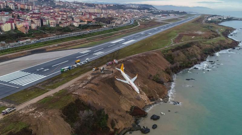 Passenger plane skidded off runway just metres away from sea as it landed at an airport in northern Turkey. (Photo: AFP) Passenger plane skidded off runway just metres away from sea as it landed at an airport in northern Turkey. (Photo: AFP)