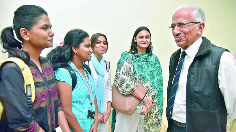 Retired IPS officer and author of the book ‘The Naxalite Movement in India,’ Prakash Singh interacts with students at CESS Ameerpet on Thursday. Retired IPS officer and author of the book ‘The Naxalite Movement in India,’ Prakash Singh interacts with students at CESS Ameerpet on Thursday.