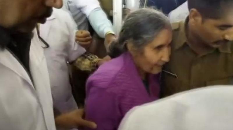 Jashodaben was returning to Gujarat after visiting relatives in Baran district near Kota and was travelling in an Innova which was hit by a trailer-truck. (Photo: ANI/Twitter) Jashodaben was returning to Gujarat after visiting relatives in Baran district near Kota and was travelling in an Innova which was hit by a trailer-truck. (Photo: ANI/Twitter)