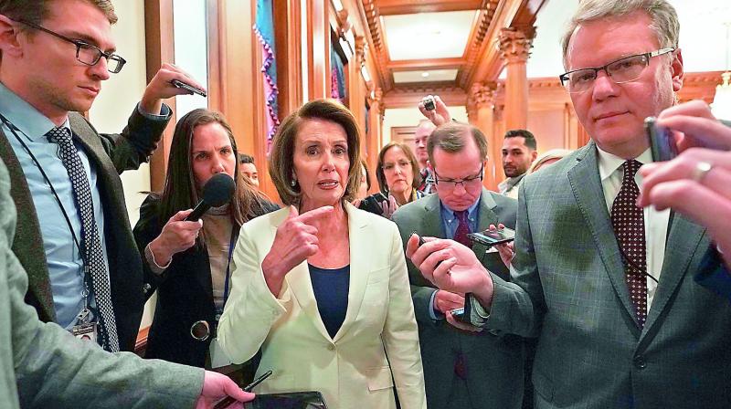 US House Minority Leader Nancy Pelosi speaks to the media after her speech which lasted for more than eight hours. (Photo:AFP) US House Minority Leader Nancy Pelosi speaks to the media after her speech which lasted for more than eight hours. (Photo:AFP)