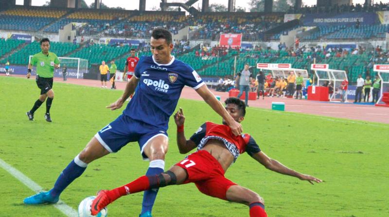 Jamshedpur FC’s Farukh Choudhary (right) vies for the ball with Mailson Alves of Chennaiyin FC in an ISL match in Chennai on Sunday. (Photo:N. Vajiravelu) Jamshedpur FC’s Farukh Choudhary (right) vies for the ball with Mailson Alves of Chennaiyin FC in an ISL match in Chennai on Sunday. (Photo:N. Vajiravelu)