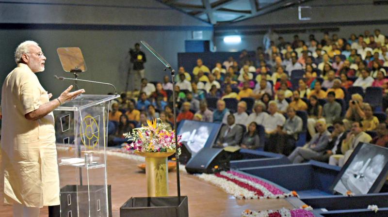 PM Narendra Modi gives a speech at Auroville in Puducherry on Sunday. (Photo:DC) PM Narendra Modi gives a speech at Auroville in Puducherry on Sunday. (Photo:DC)