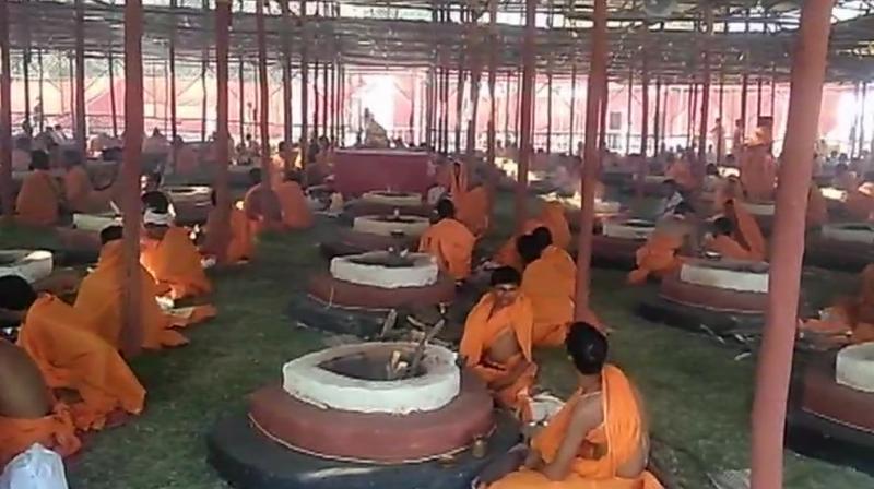The mahayagya will see the burning of nearly 500 quintals of mango tree wood during the Navratri period. (Photo: Twitter/ANI) The mahayagya will see the burning of nearly 500 quintals of mango tree wood during the Navratri period. (Photo: Twitter/ANI)