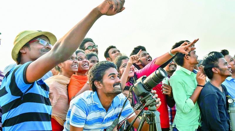 Enthusiasts look on as ISRO’s GSLV-F08 carrying GSAT-6A communication satellite blasts off into the orbit. (Photo:PTI) Enthusiasts look on as ISRO’s GSLV-F08 carrying GSAT-6A communication satellite blasts off into the orbit. (Photo:PTI)