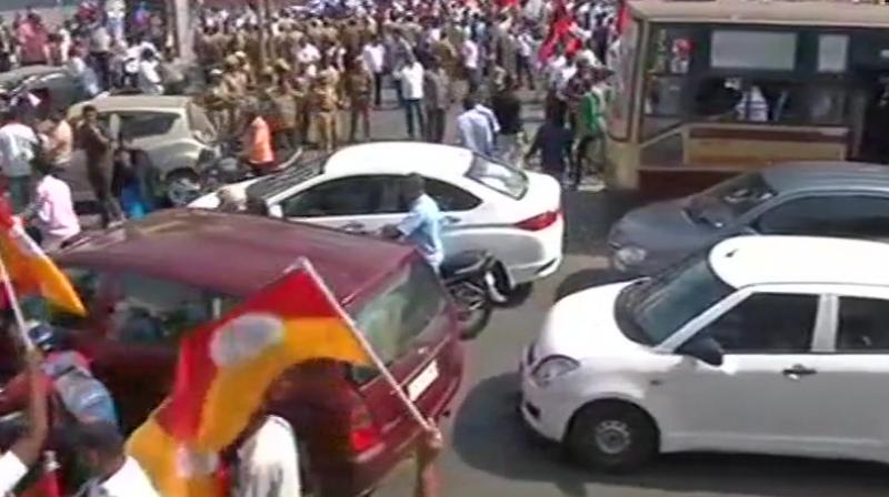 The opposition parties have organised 'road roko' protest, which has caused traffic snarls in Chennai. (Photo: ANI/Twitter) The opposition parties have organised 'road roko' protest, which has caused traffic snarls in Chennai. (Photo: ANI/Twitter)
