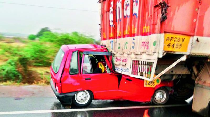 Car smashes into a truck in Siddipet on Thursday morning. Car smashes into a truck in Siddipet on Thursday morning.