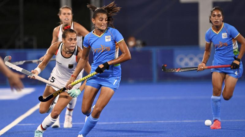 India's Sharmila Devi during Germany vs India Pool A Hockey match at the Summer Olympics in Tokyo on Monday. (PTI Photo) India's Sharmila Devi during Germany vs India Pool A Hockey match at the Summer Olympics in Tokyo on Monday. (PTI Photo)