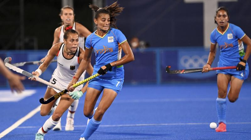 Indias Sharmila Devi during Germany vs India Pool A Hockey match at the Summer Olympics in Tokyo on Monday. (PTI Photo)