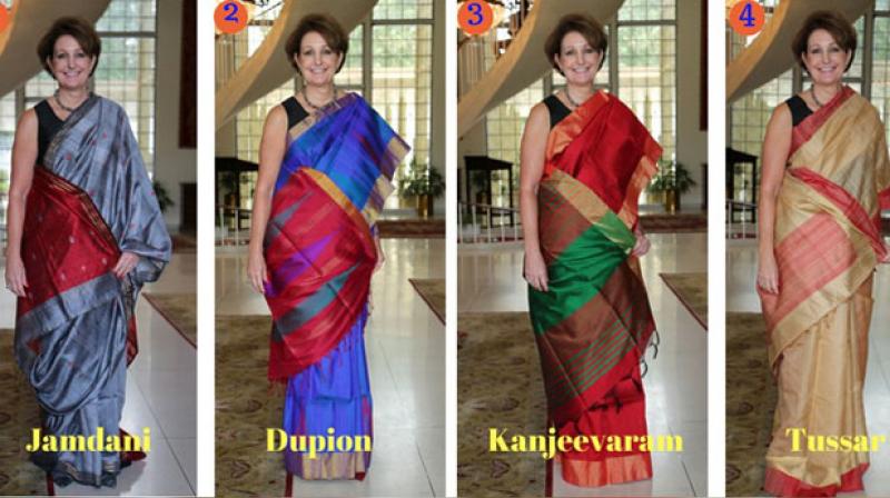 MaryKay Carlson need's help deciding a saree for Independence Day. ( Photo: Twitter / MaryKay Carlson) MaryKay Carlson need's help deciding a saree for Independence Day. ( Photo: Twitter / MaryKay Carlson)