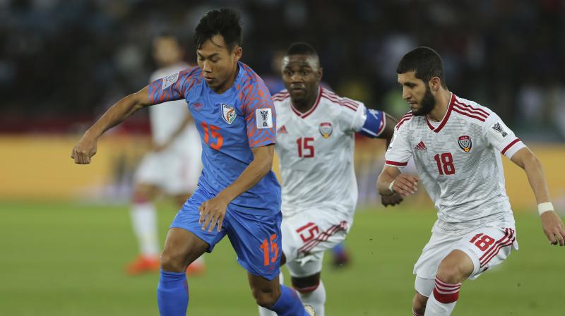 Khalfan Mubarak and Ali Mabkhout were on target for United Arab Emirates as the Asian Cup hosts beat India 2-0 on Thursday to close on a spot in the last 16. (Photo: AP) Khalfan Mubarak and Ali Mabkhout were on target for United Arab Emirates as the Asian Cup hosts beat India 2-0 on Thursday to close on a spot in the last 16. (Photo: AP)