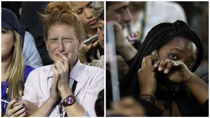 Supporters break into tears as they watch the election results during Democratic presidential nominee Hillary Clinton's election night rally in the Jacob Javits Center glass enclosed lobby in New York. Supporters break into tears as they watch the election results during Democratic presidential nominee Hillary Clinton's election night rally in the Jacob Javits Center glass enclosed lobby in New York.
