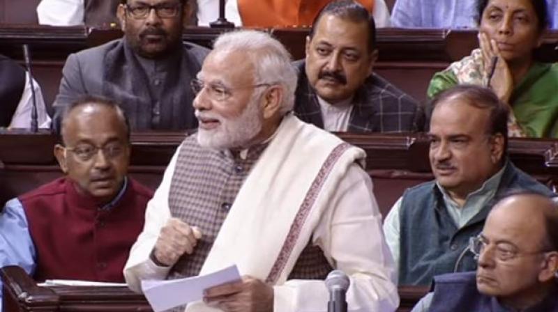 Referring to Aadhaar, Modi reminded the Congress that the notion of Aadhaar originated in LK Advani's speech during a debate in the Rajya Sabha in 1998. (Photo: ANI/Twitter) Referring to Aadhaar, Modi reminded the Congress that the notion of Aadhaar originated in LK Advani's speech during a debate in the Rajya Sabha in 1998. (Photo: ANI/Twitter)