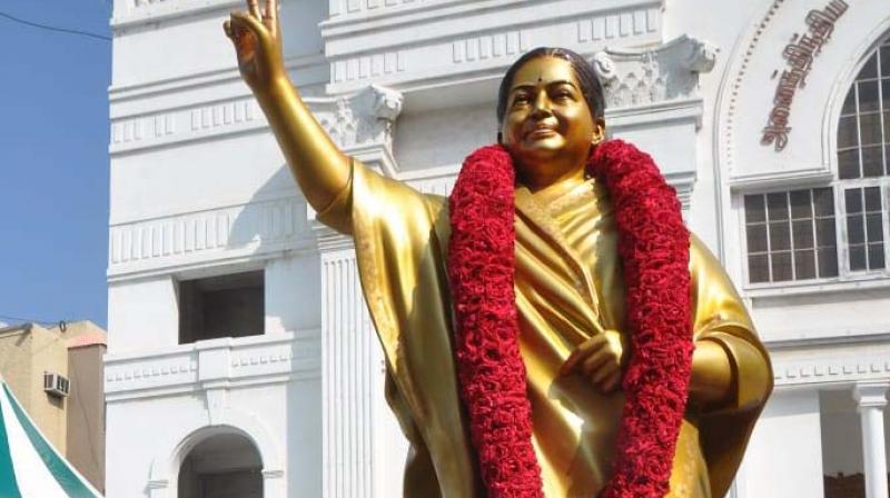 Statue of former Chief Minister J. Jayalalithaa formally unveiled at headquarters on Wednesday by Chief Minister Edappadi K. Palaniswami. Deputy Chief Minister O. Panneerselvam and others also seen. (Photo: DC) Statue of former Chief Minister J. Jayalalithaa formally unveiled at headquarters on Wednesday by Chief Minister Edappadi K. Palaniswami. Deputy Chief Minister O. Panneerselvam and others also seen. (Photo: DC)