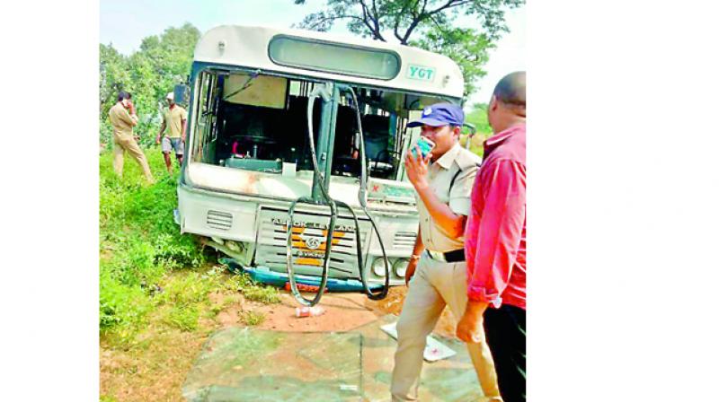 A TSRTC bus swerved into agricultural fields adjacent to the road near Nagarkurnool on Sunday. (Image DC) A TSRTC bus swerved into agricultural fields adjacent to the road near Nagarkurnool on Sunday. (Image DC)