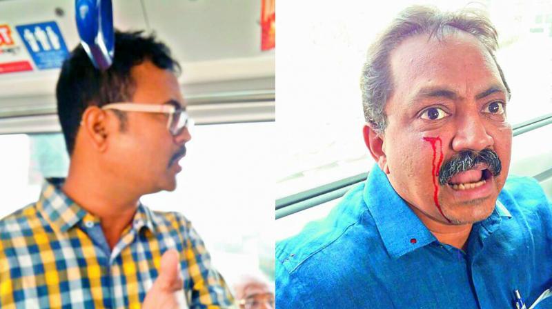 The fracas was seen by the surveillance team at Uppal who alerted SR Nagar station officials, the next station. The fracas was seen by the surveillance team at Uppal who alerted SR Nagar station officials, the next station.