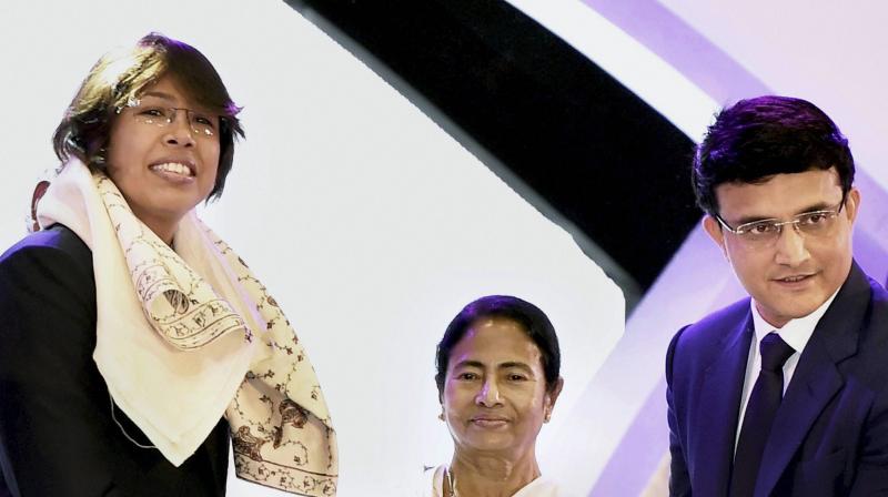 Jhulan Goswami was felicitated by West Bengal Chief Minister Mamata Bannerjee. Former cricketer and current president of Cricket Association of Bengal Sourav Ganguly was also present. (Photo: PTI) Jhulan Goswami was felicitated by West Bengal Chief Minister Mamata Bannerjee. Former cricketer and current president of Cricket Association of Bengal Sourav Ganguly was also present. (Photo: PTI)