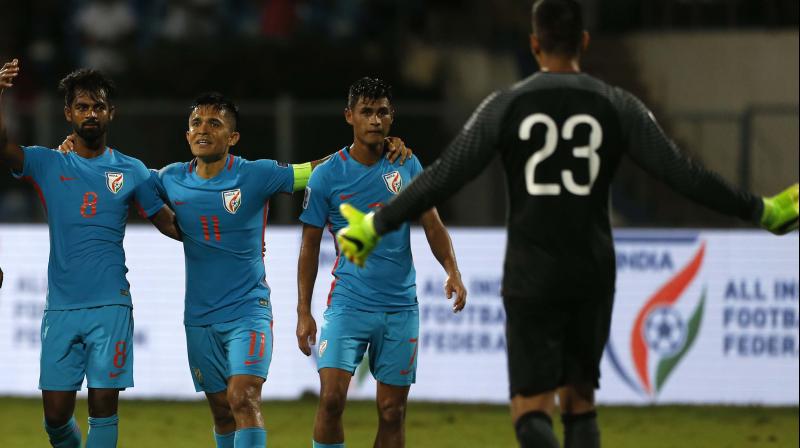 India's captain Sunil Chhetri, second left, celebrates with teammates their win over Kyrgyz Republic in the AFC Asian Cup UAE 2019 qualifier match in Bangalore. (Photo: AP) India's captain Sunil Chhetri, second left, celebrates with teammates their win over Kyrgyz Republic in the AFC Asian Cup UAE 2019 qualifier match in Bangalore. (Photo: AP)