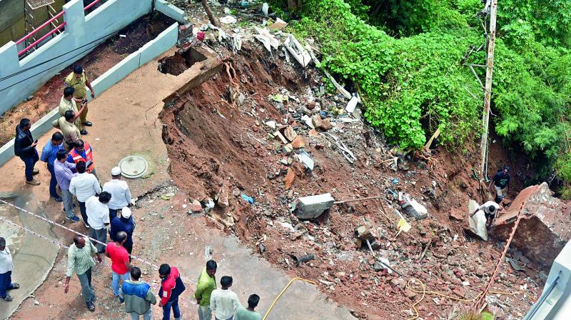 A wall collapsed due to the rain at Naidunagar in Banjara Hills. (Photo: DC) A wall collapsed due to the rain at Naidunagar in Banjara Hills. (Photo: DC)