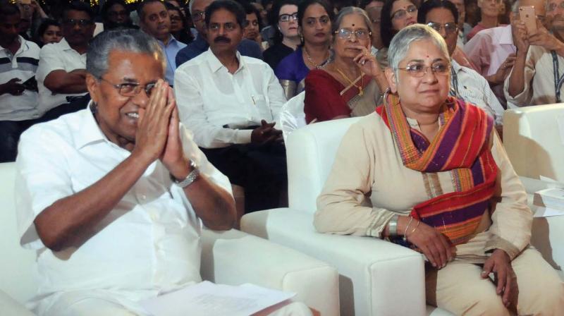 Chief minister Pinarayi Vijayan and curator Anita Dube at the inauguration of Kochi Biennale 2018 on Wednesday. (ARUN CHANDRABOSE) Chief minister Pinarayi Vijayan and curator Anita Dube at the inauguration of Kochi Biennale 2018 on Wednesday. (ARUN CHANDRABOSE)