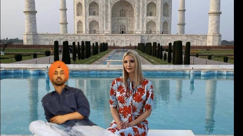 Diljit on Sunday shared a photoshopped image where he is seen slumping on the same bench as Ivanka at the famed Taj Mahal in Agra (Twitter Photo) Diljit on Sunday shared a photoshopped image where he is seen slumping on the same bench as Ivanka at the famed Taj Mahal in Agra (Twitter Photo)