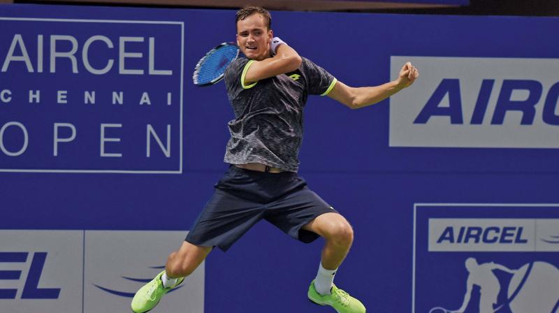Russia’s Daniiel Madvedev en route to his 6-3, 6-3 win over Thiago Monteiro of Brazil in their Chennai Open first round match on Monday. (Photo: Sanjay Kishore) Russia’s Daniiel Madvedev en route to his 6-3, 6-3 win over Thiago Monteiro of Brazil in their Chennai Open first round match on Monday. (Photo: Sanjay Kishore)