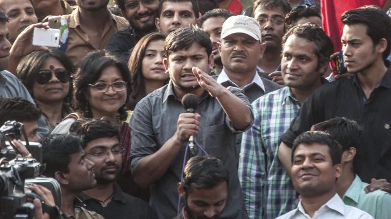 Kanhaiya Kumar, former President of the Jawaharlal Nehru University Students' Union addresses JNU students during their protest march against ABVP at North Campus in New Delhi. (Photo: PTI) Kanhaiya Kumar, former President of the Jawaharlal Nehru University Students' Union addresses JNU students during their protest march against ABVP at North Campus in New Delhi. (Photo: PTI)