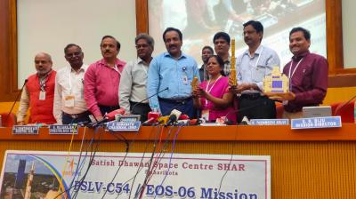 ISRO chairperson S. Somanath with delegates from Bhutan after the launch of PSLV-C54 at Satish Dhawan Space Centre, in Sriharikota on Saturday
