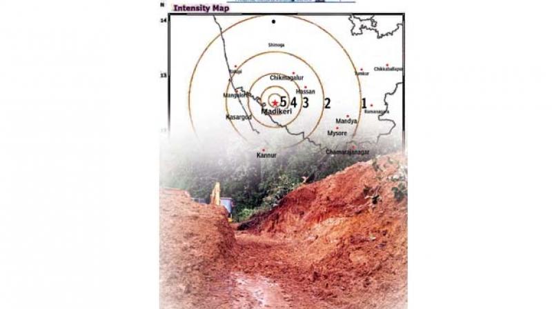 The National Remote Sensing Centre data that shows the towns in Kerala and Kodagu including Madikeri that were jolted by the July 9 earthquake. The National Remote Sensing Centre data that shows the towns in Kerala and Kodagu including Madikeri that were jolted by the July 9 earthquake.