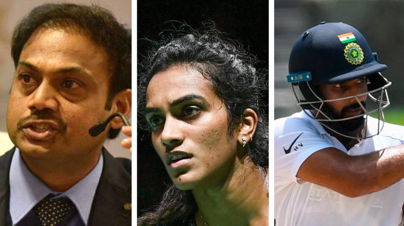 India middle-order batsman Hanuma Vihari and National chairman of selectors MSK Prasad congratuled the Indian ace shuttler for her historic feat. (Photo: AFP) India middle-order batsman Hanuma Vihari and National chairman of selectors MSK Prasad congratuled the Indian ace shuttler for her historic feat. (Photo: AFP)