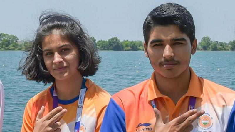 Manu and Saurabh were at various stages of the final down 3-9, then 7-13 and then finally 9-15 before winning the next four duels straight to stage a remarkable come-from-behind win. (Photo: PTI) Manu and Saurabh were at various stages of the final down 3-9, then 7-13 and then finally 9-15 before winning the next four duels straight to stage a remarkable come-from-behind win. (Photo: PTI)