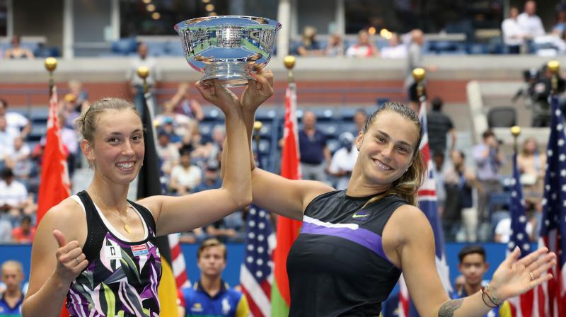 The tension-filled encounter ended in dramatic fashion when both Mertens and Sabalenka were drawn into the net and Barty sent a lob over both their heads. (Photo: AFP) The tension-filled encounter ended in dramatic fashion when both Mertens and Sabalenka were drawn into the net and Barty sent a lob over both their heads. (Photo: AFP)