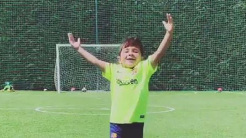 In a video posted by Messi's wife Antonela Roccuzzo, Mateo can be seen scoring a penalty and then celebrating like the Barcelona star. (Photo: Instagram/ screengrab) In a video posted by Messi's wife Antonela Roccuzzo, Mateo can be seen scoring a penalty and then celebrating like the Barcelona star. (Photo: Instagram/ screengrab)