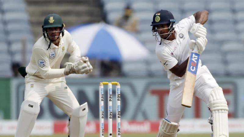 Mayank Agarwal played smartly and waited for the third seamer, rookie Anrich Nortje (1/27 in 5 overs), to be introduced into the attack. (Photo: AP) Mayank Agarwal played smartly and waited for the third seamer, rookie Anrich Nortje (1/27 in 5 overs), to be introduced into the attack. (Photo: AP)
