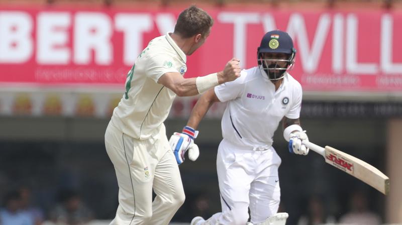 India lost opener Mayank Agarwal (10), Cheteshwar Pujara (0) and skipper Virat Kohli (12) with South Africa pacers finally giving a good account of themselves. (Photo: AP) India lost opener Mayank Agarwal (10), Cheteshwar Pujara (0) and skipper Virat Kohli (12) with South Africa pacers finally giving a good account of themselves. (Photo: AP)