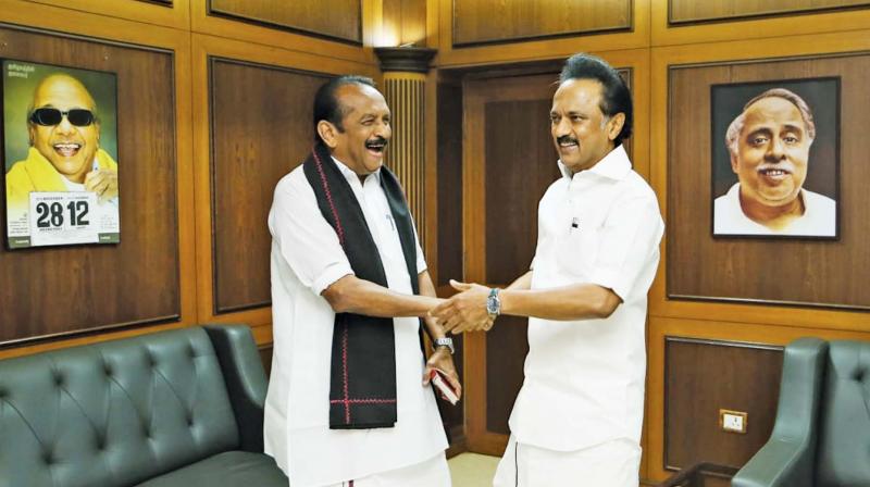 MDMK chief Vaiko meets DMK president M.K. Stalin at Anna Arivalayam in Chennai on Wednesday. (Photo: DC) MDMK chief Vaiko meets DMK president M.K. Stalin at Anna Arivalayam in Chennai on Wednesday. (Photo: DC)