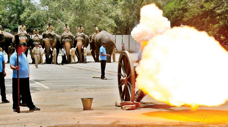 The cannon fire rehearsal for Dasara elephants was conducted in Mysuru on Friday ahead of the festival celebration The cannon fire rehearsal for Dasara elephants was conducted in Mysuru on Friday ahead of the festival celebration