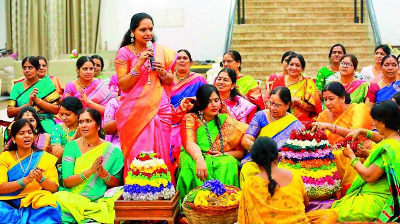 Chief Minister K Chandrashekar Rao’s wife Shobha, former MP K. Kavitha, minister K. T. Rama Rao’s wife Shailima, minister Satyavathi Rathod, Whip Gongidi Sunitha, MLA Padma Devender Reddy, MLC Akula Lalitha during the Bathukamma celebrations at the CM’s camp office on Friday evening. Chief Minister K Chandrashekar Rao’s wife Shobha, former MP K. Kavitha, minister K. T. Rama Rao’s wife Shailima, minister Satyavathi Rathod, Whip Gongidi Sunitha, MLA Padma Devender Reddy, MLC Akula Lalitha during the Bathukamma celebrations at the CM’s camp office on Friday evening.